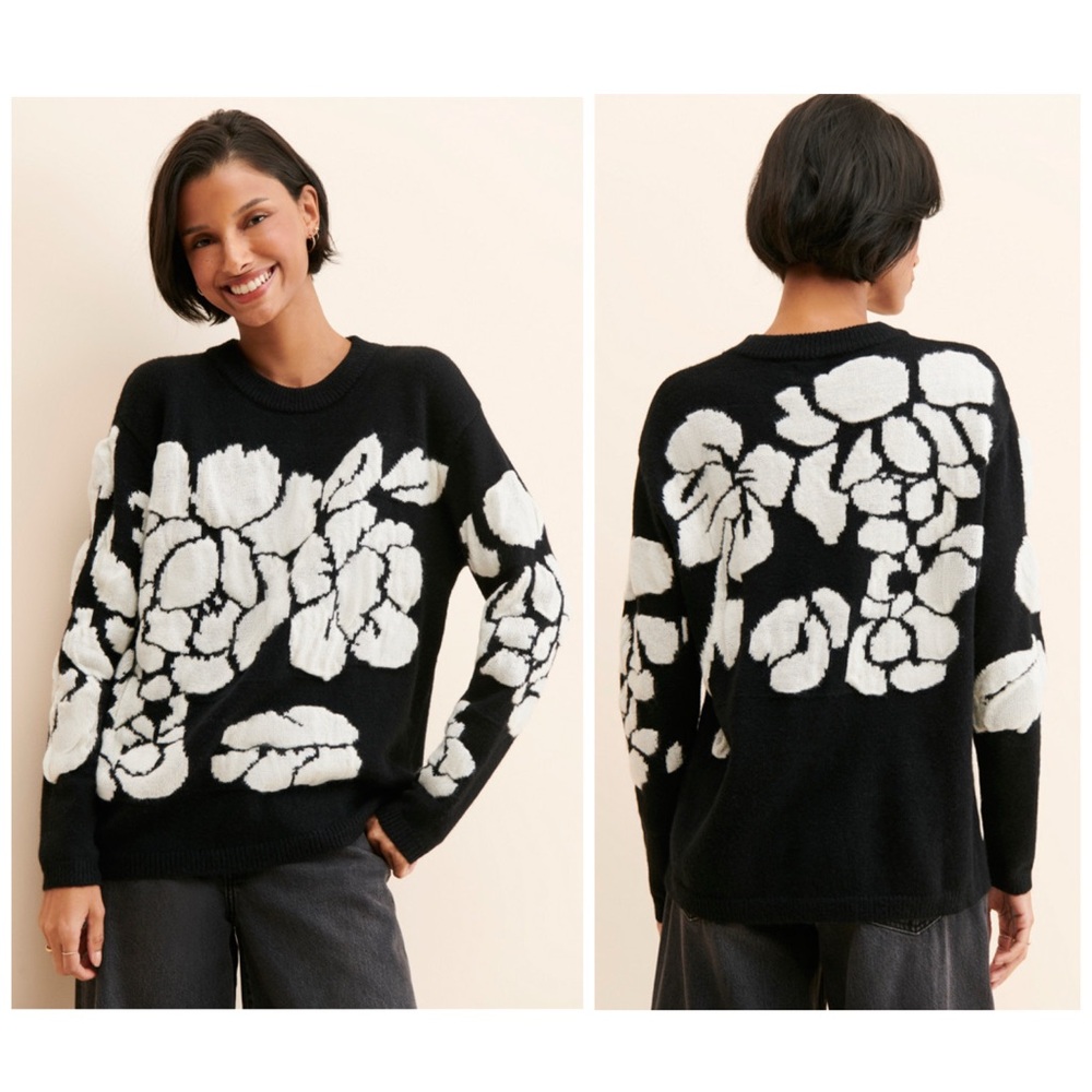 ENTRO BLACK & WHITE KNIT PULLOVER COLORBLOCK FLORAL PRINT SWEATER